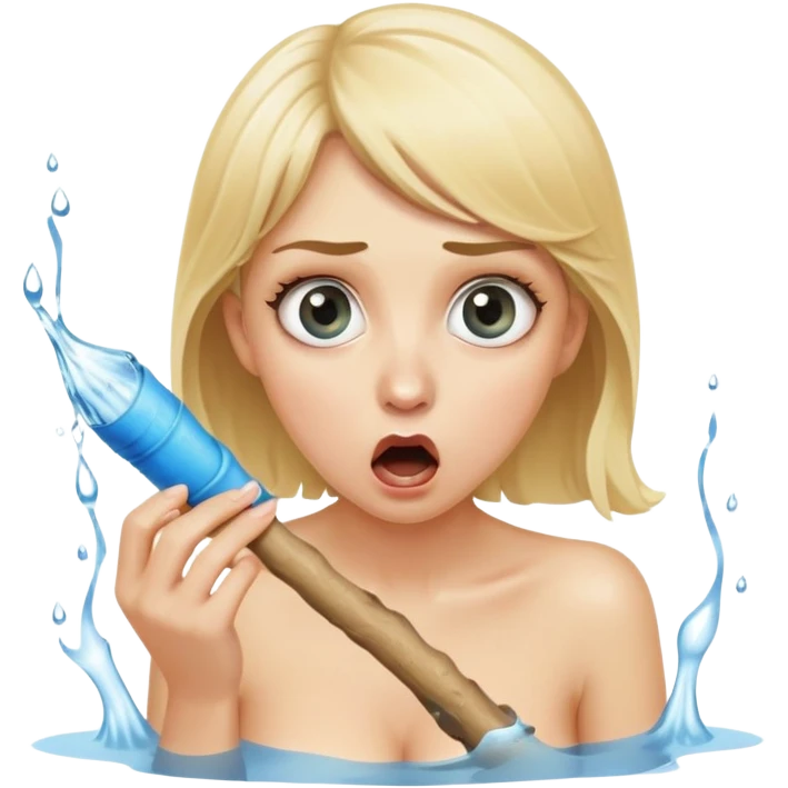 blond woman sitting on her knees with wide eyes, holding a wide skin-colored stick with a D-shaped knob, the stick and the nob have skin texture, water squirting from the knob into her mouth, shocked face emoji