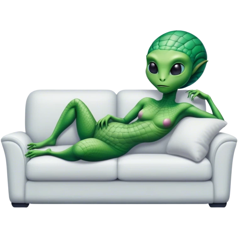 a reptilian alien woman, lie on couch comfy, full figure emoji