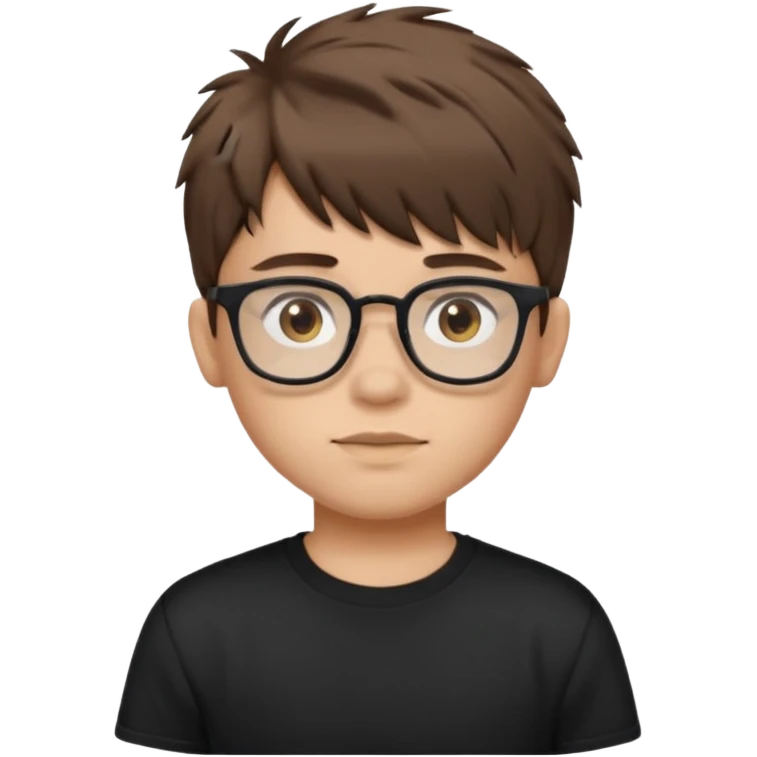 Create a emoji of a boy with brown messy fringe with mid fade hair brown eyes ,rectangular glasses and black t-shirt emoji
