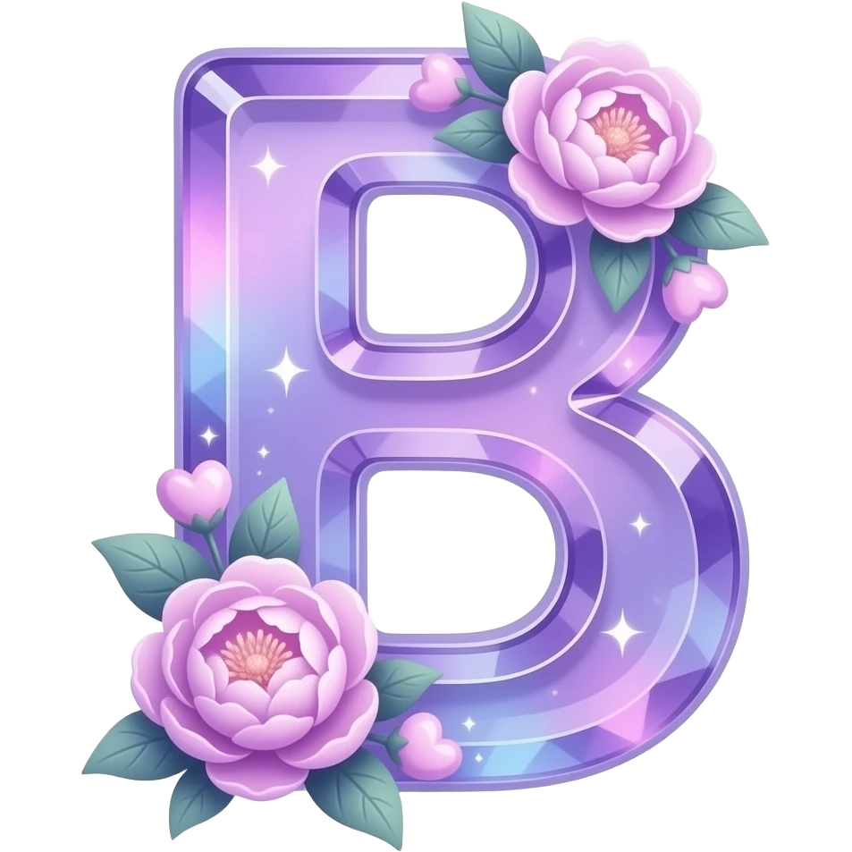 An uppercase letter 'B' sculpted from translucent crystal that glows with a soft violet light. Miniature glowing peonies and tiny heart-shaped leaves grow along its edges. Iridescent texture, fairycore aesthetic, macro photography style emoji