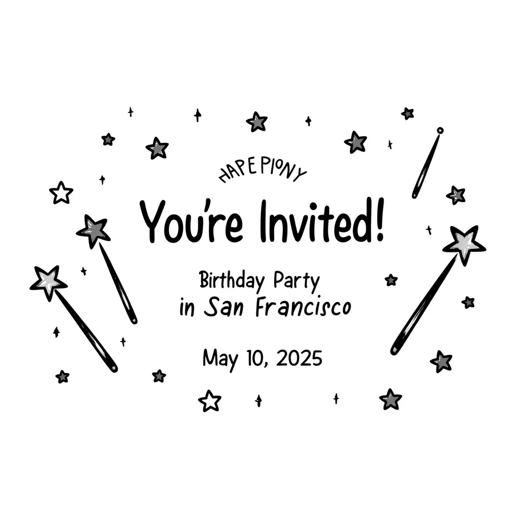 magical themed birthday party invitation illustration with sparkles, wands, whimsical decorations, including the text: 'You're Invited! Birthday Party in San Francisco, May 10, 2025' emoji