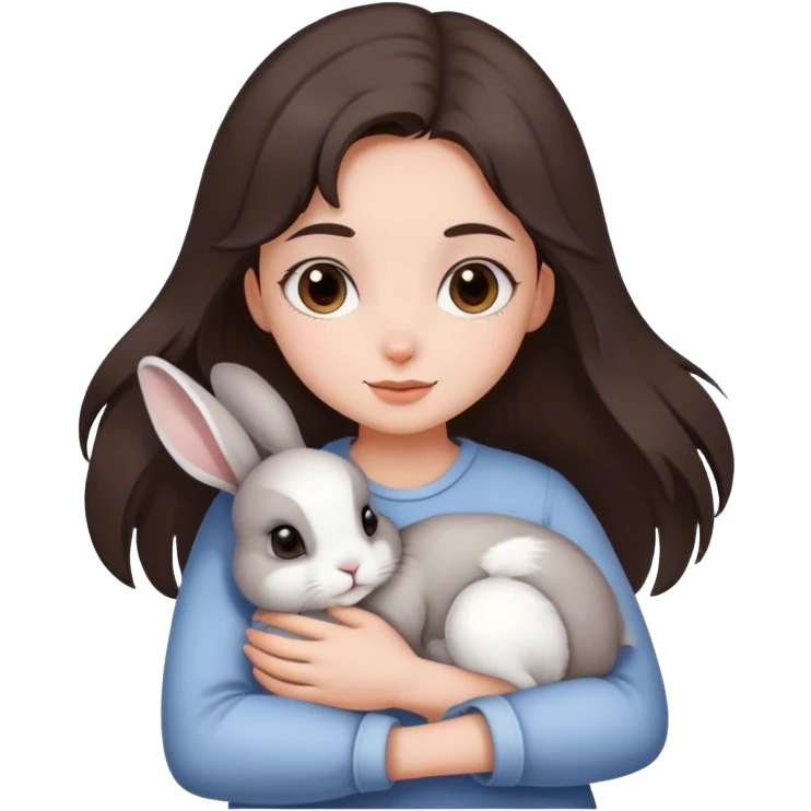Una chica con pelo cafe oscuro abrazando a su conejo gris con blanco  emoji