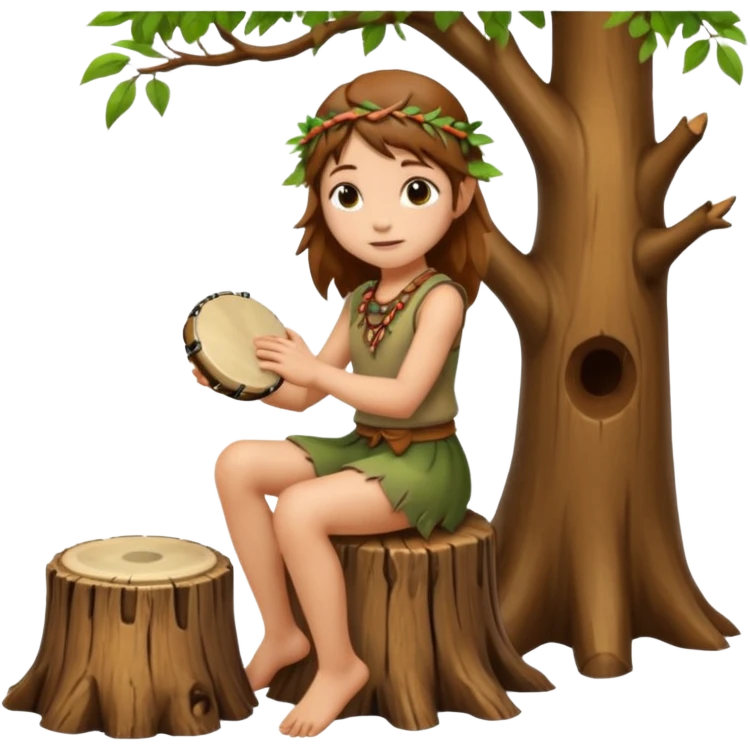 forest spirit girl with short brown mullet playing hand drum, sitting on tree stump emoji