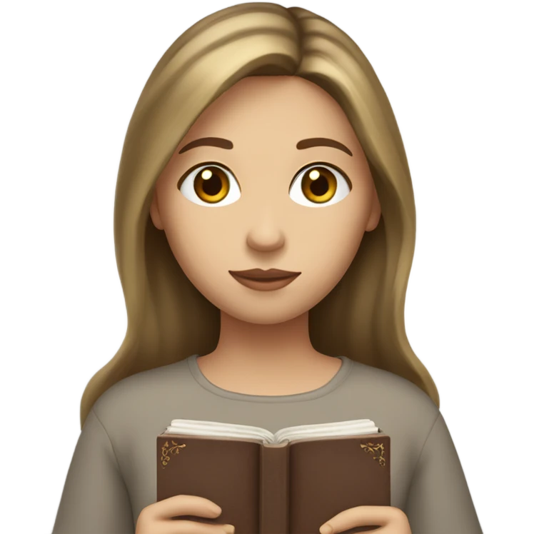 Girl with brown hair with blonde highlights, hazel eyes, full lips holding a bible emoji