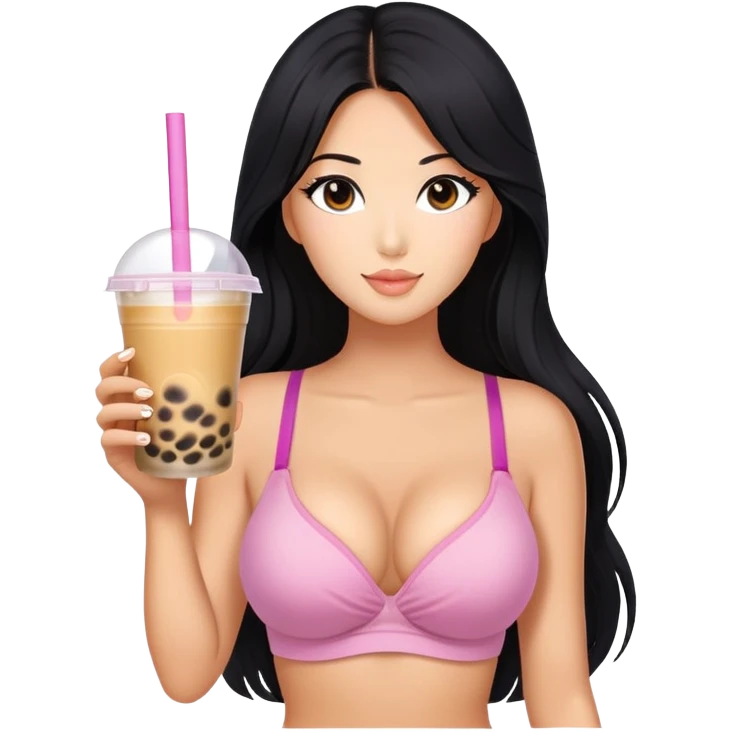 woman tanned long black hair, hot sexy, drinking bubble tea, bra emoji