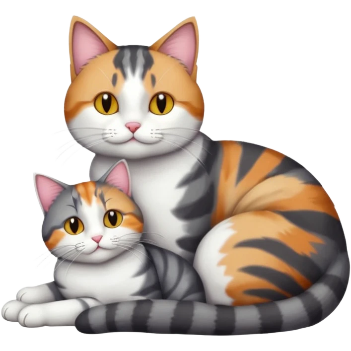 full body colourful light patched calico + white tabby cat cuddling a bigger cat that is dark grey and white tabby cat  and they are in love emoji