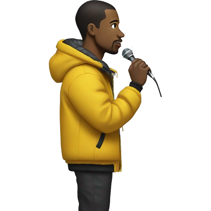 Side profile of a hip hop artist, holding a mic in one hand. He's wearing a puffy jacket with a mustard yellow collar. emoji