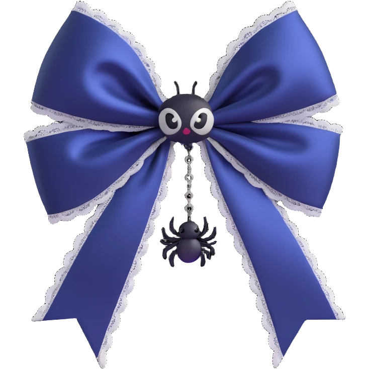 3D emoji gothic bow, midnight blue silk, silver spider charm, lace trim, mysterious and rich emoji