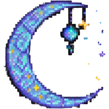 Night Life Universal logo, pixel art style, crescent moon and stars emoji