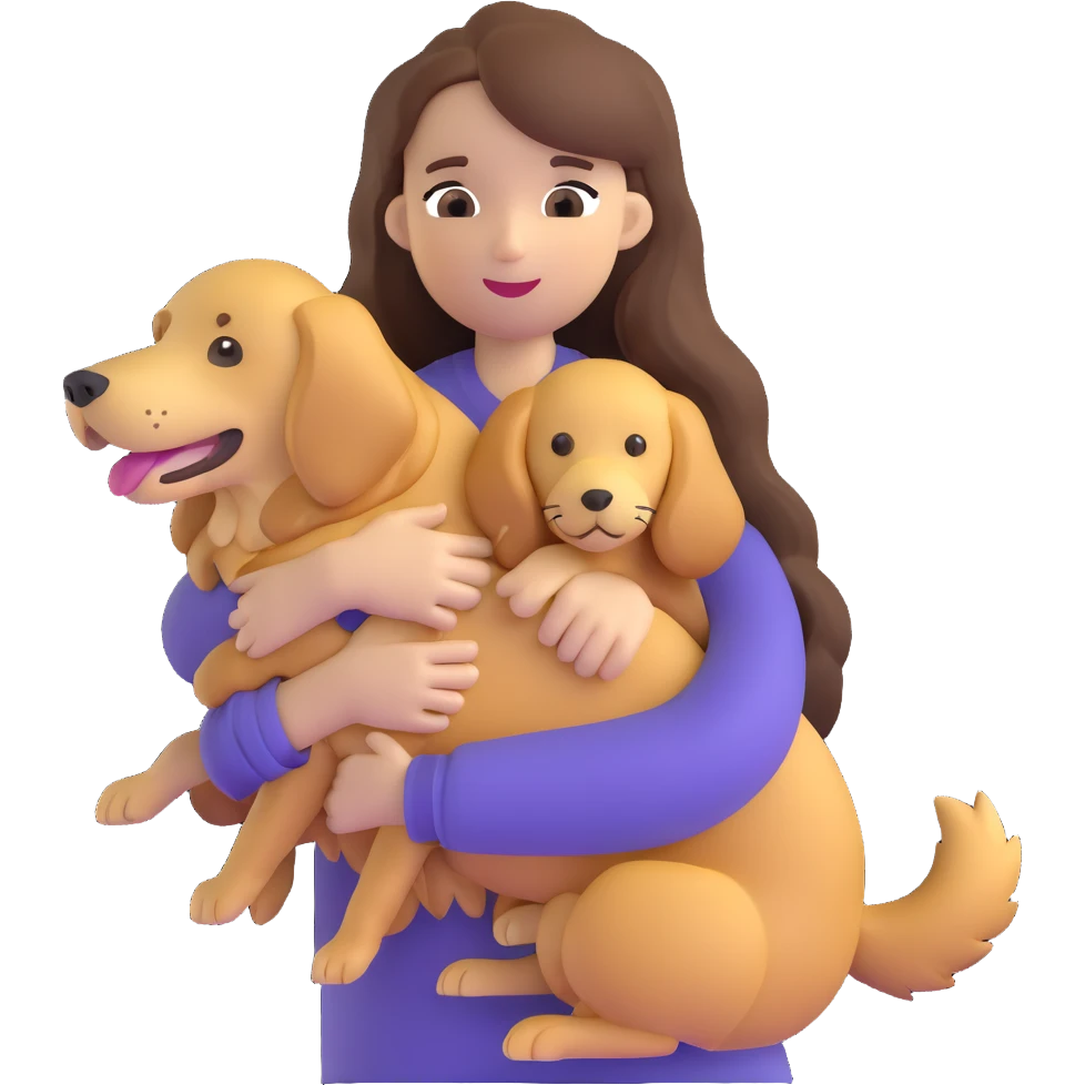 woman with long brown hair holding a golden retriever dog in her arms emoji