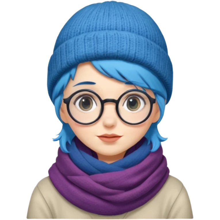 A shy blue straight hair woman with big round glasses and thick scarf and a beanie, blushing from the cold. emoji