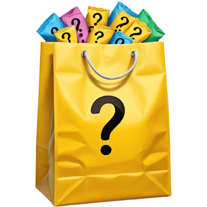 yellow goodiebag with questions mark boxes stuffed in it emoji