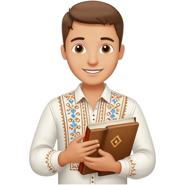 a happy guy in a white Ukrainian embroidered shirt, holding a book of music in his hand emoji
