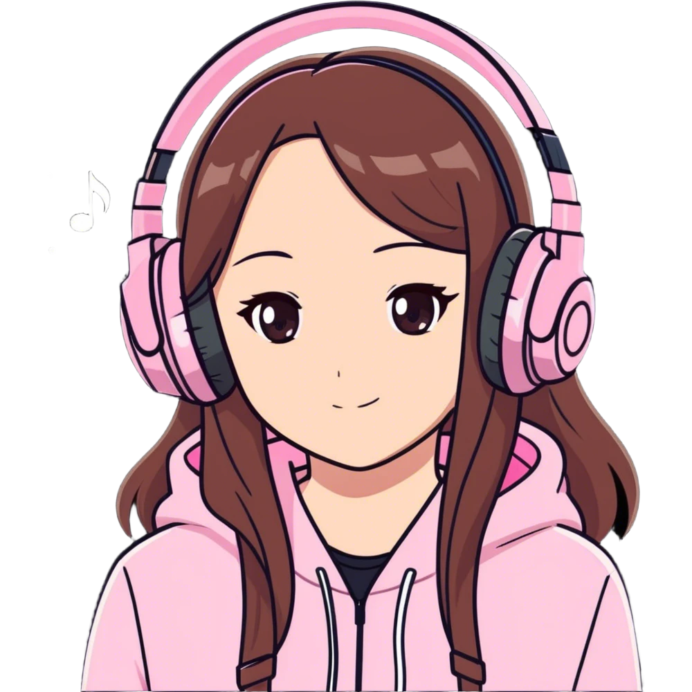 Portrait of a gorgeous, beautiful, sexy anime girl with brown hair, wearing sparkly pink with sparkly, pink headphones, and music notes all around her emoji