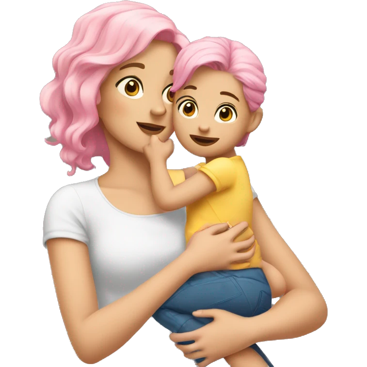 A blonde girl with pink hair holds a daughter with dark hair in her arms emoji