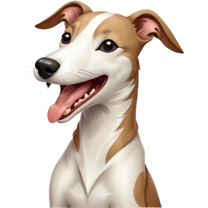 Cinematic Cute Yawning White and Brown Greyhound Portrait Emoji, Head tilted slightly with a dramatic, wide-open yawn, showcasing a pristine white Fur with bold brown markings, floppy ears slightly drooping, round eyes barely open in drowsy contentment, Simplified yet irresistibly adorable features, highly detailed, glowing with a soft, cozy glow, high shine, relaxed yet expressive, stylized with a touch of whimsy, bright and endearing, soft glowing outline, capturing the essence of a sleepy yet affectionate companion, so drowsy it feels like it could stretch out of the screen and curl up for a nap! emoji