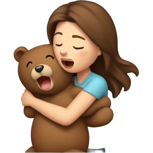 Brown haired woman snuggling teddy bear and yawning emoji