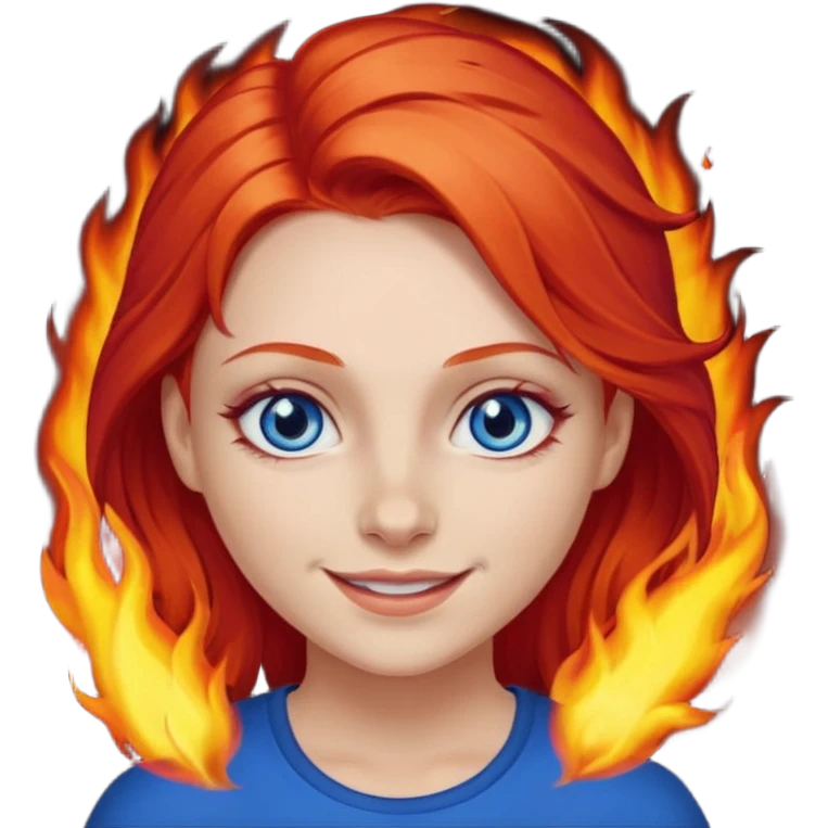 A girl with flaming red hair and intense blue eyes. Delicate dark circles under her eyes give her a slightly tired look, and her smile belies any fatigue. emoji