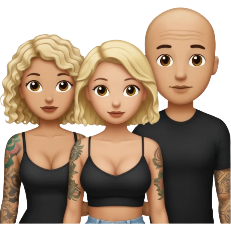 throuple tattooed bald boyfriend with long blonde hair female and another curly short haired brunette big boobs emoji