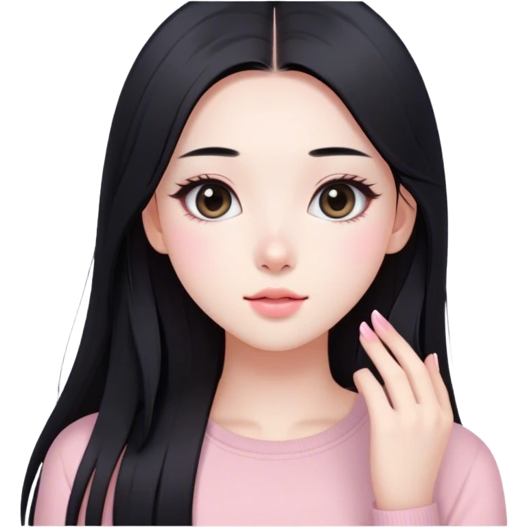 soft pink beauty vlogger girl fair skin with long straight hair. natural makeup like korean girls, black hair emoji