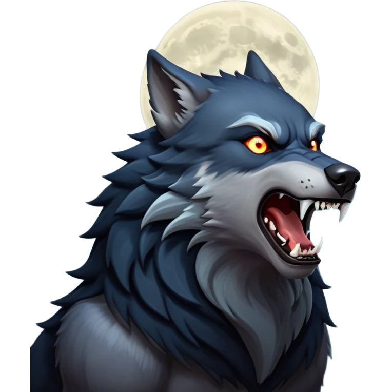 cinematic-noble-fierce-werewolf-howling-portrait-emoji, poised-and-imposing, with a fierce wolfish face tilted upwards in a haunting howl, glowing eyes full of primal ferocity, sharp, and a rugged snout, fur rippling in shades of midnight black and silver, muscles tensed as the powerful howl echoes beneath the moonlit sky; rendered with realism, capturing the raw, untamed power of the beast in its wild, primal state emoji