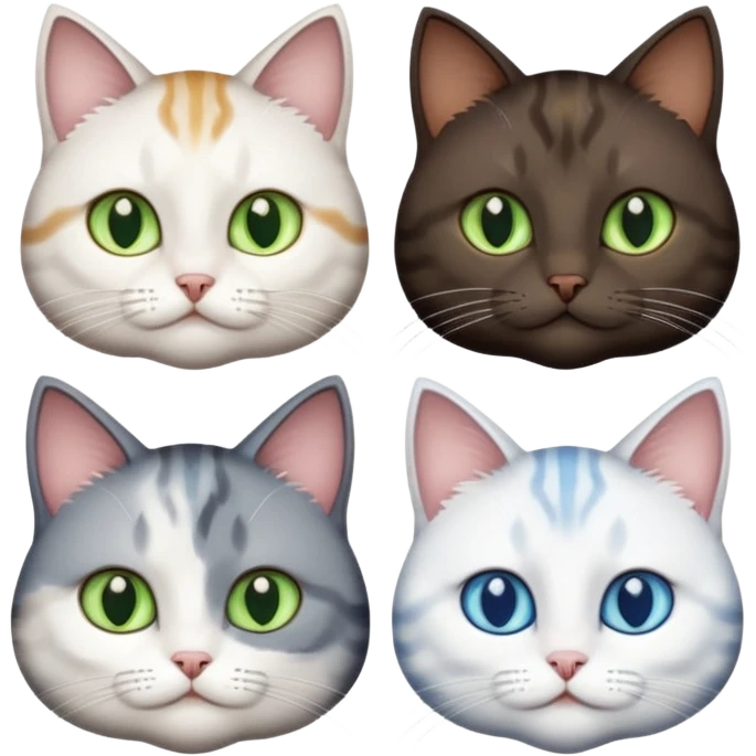 4 different coloured short haired cats including; a dark brown tabby and white cat, and a dark grey and white  emoji