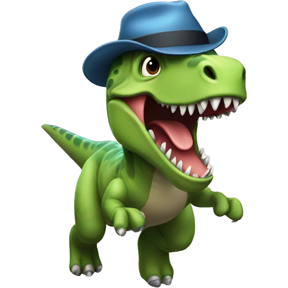 A Dino with a hat and running emoji