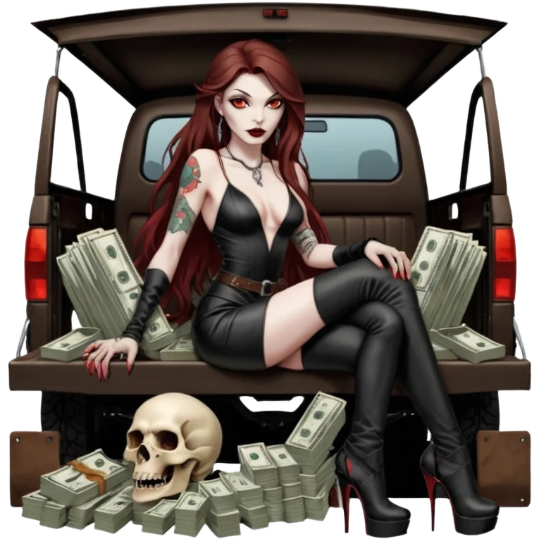 Lilith model red eye seductress evil long brown haired sexy succubus woman with leather long dress with slit, sitting in Big Large F350 pickup truck. Black Platform high heels on feet. Tattoo sleeve arms, seat full of stacks of cash, and a man dead human skull of her enemies and a gun in other hand emoji