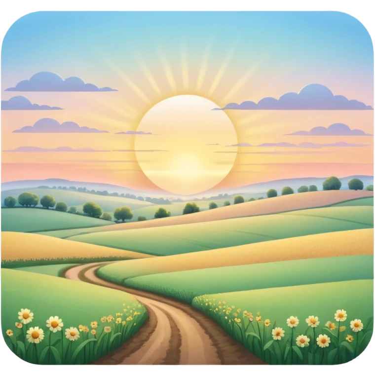 peaceful landscape at dawn, sun rising over fields, pastel sky emoji