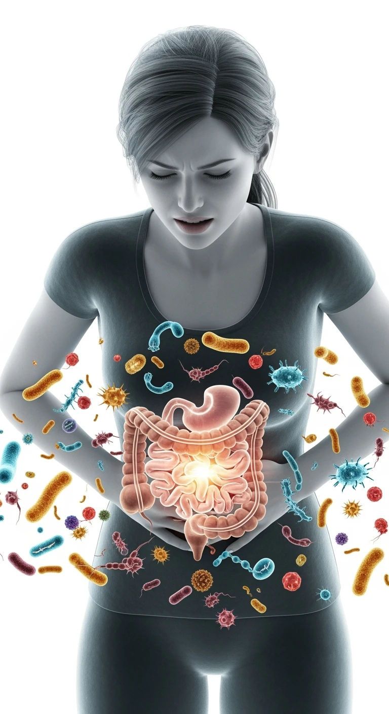 DONNA CON MAL DI PANCIA E INTESTINO UMANO ANATOMICO VISIBILE, BATTERI INTESTINALI FLUTTUANO INTORNO, IPERREALISTICO 4K, SFONDO BIANCO emoji