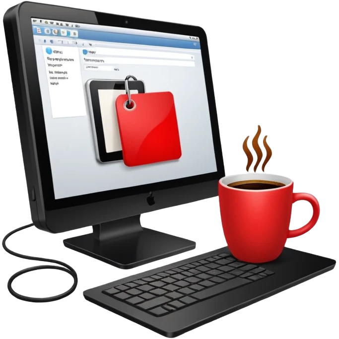 work computer with coffee and red square tag emoji
