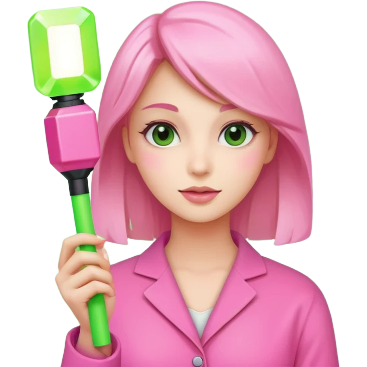 네모난 초록색 응원봉을 들고있는 분홍색 옷을 입고 있는 사랑스러운 여자 emoji