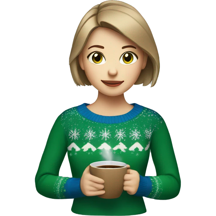 Light brown short haired girl with green eyes drinking coffee wearing blue Christmas sweater emoji