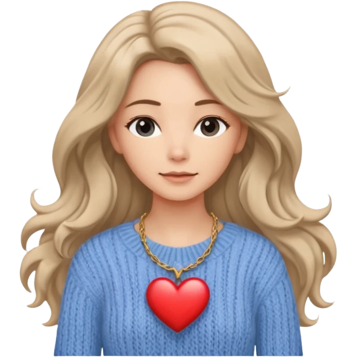 . Her skin glows warmly under the natural light, enhanced by the gentle textures of her knitted beige sweater and flowing hair. her heart-shaped necklace adds a delicate touch, while her serene expression brings a quiet strength to the portrait. The blue sky in the background.
 emoji