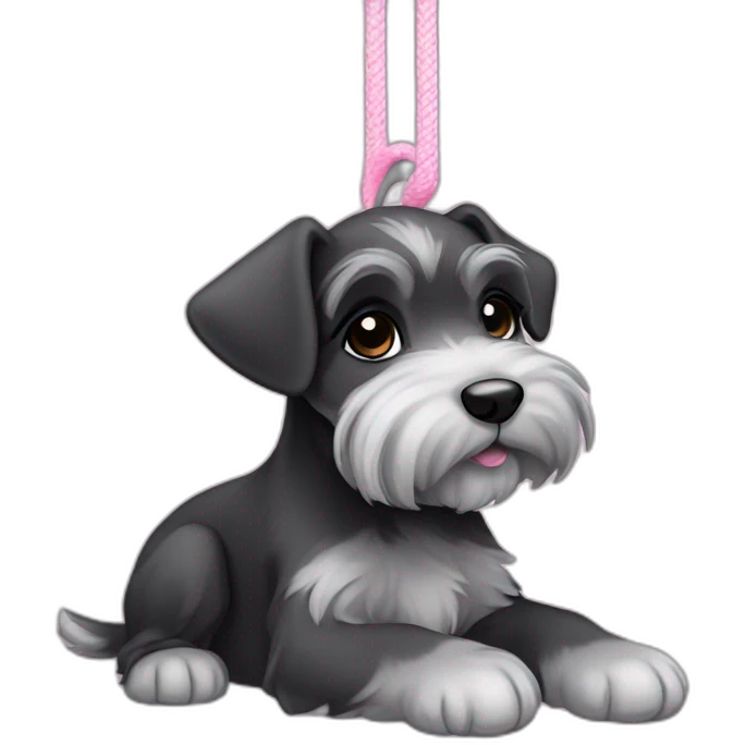 female puppy color "black and gray" breed medium Schnauzer with hanging ears hanging ears and a pale pink string around its neck emoji