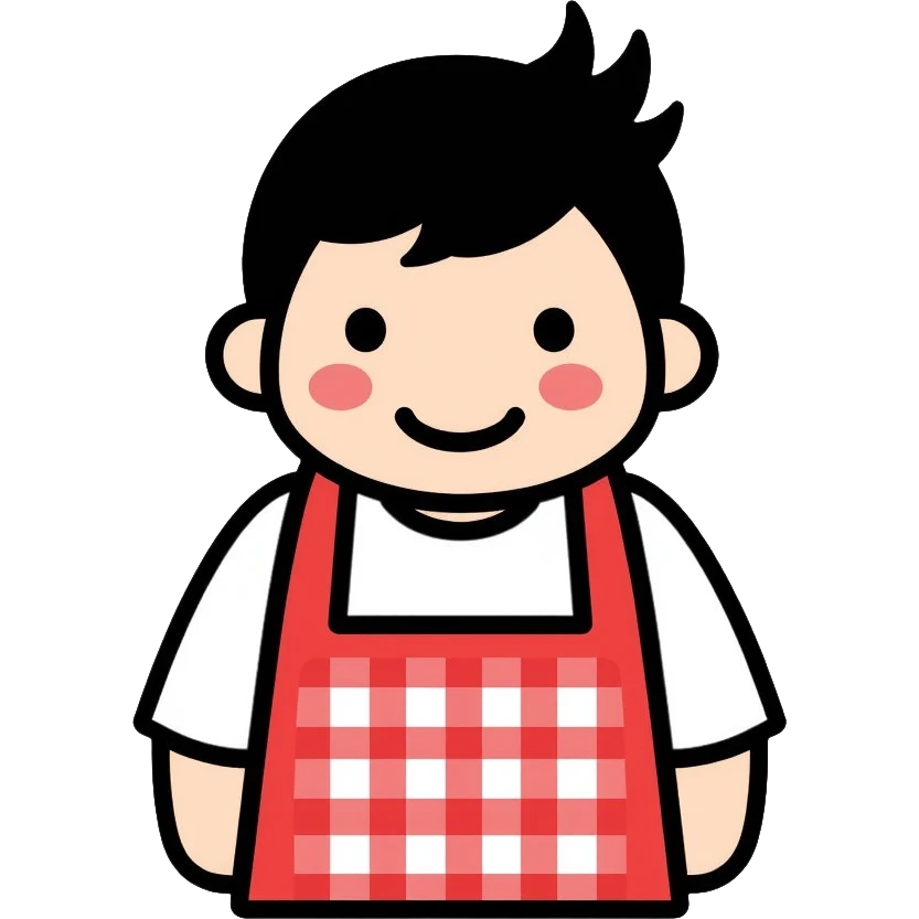 chubby boy with black hair styled upward in front, wearing a red and white checkered plaid apron emoji