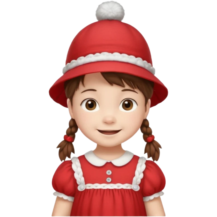 baby girl with brown hair and pigtails with a hat and red dress like My Neighbor Totoro movie emoji