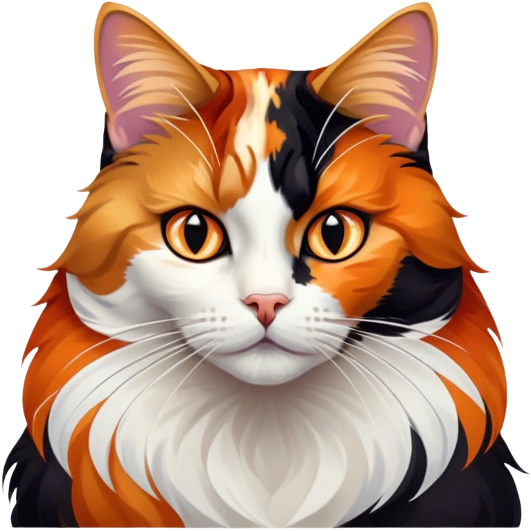 Cinematic Noble Calico Cat Portrait Emoji, Poised and regal, with a striking patchwork fur in vibrant orange, black, and white hues, delicate whiskers and a refined, focused gaze, simplified yet exquisitely detailed, glowing with a soft, moonlit radiance and an air of aristocratic elegance, high shine, exuding dignified intelligence and poised authority, soft glowing outline, capturing the essence of a watchful and noble calico cat that appears ready to grace the screen with effortless majesty! emoji