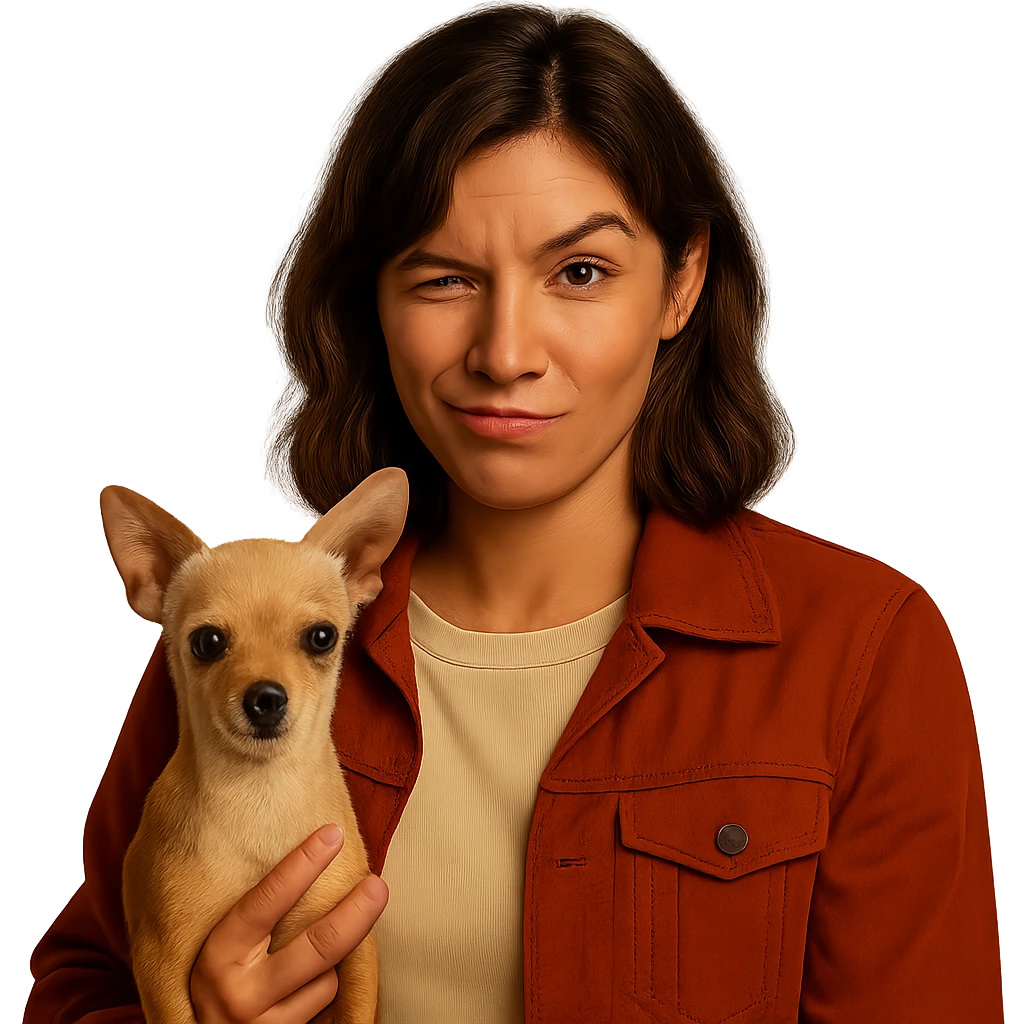 Recreate the image featuring a woman with a tanned complexion, subtle freckles, wearing a shirt in color #FFF8CA and a rust-colored jacket. She has medium-length brown hair with auburn highlights, a rebellious and playful expression, holding a beige-brown chihuahua. The style should resemble a Netflix series look with a transparent background. emoji