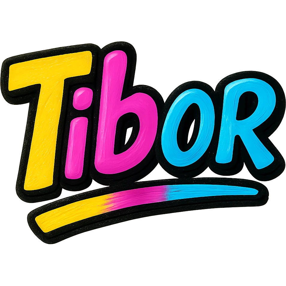 Tibor name in modern colorful gradient font with dark outline, partially or fully underlined with dynamic slanted underline, transparent background, in the style of the sample images emoji