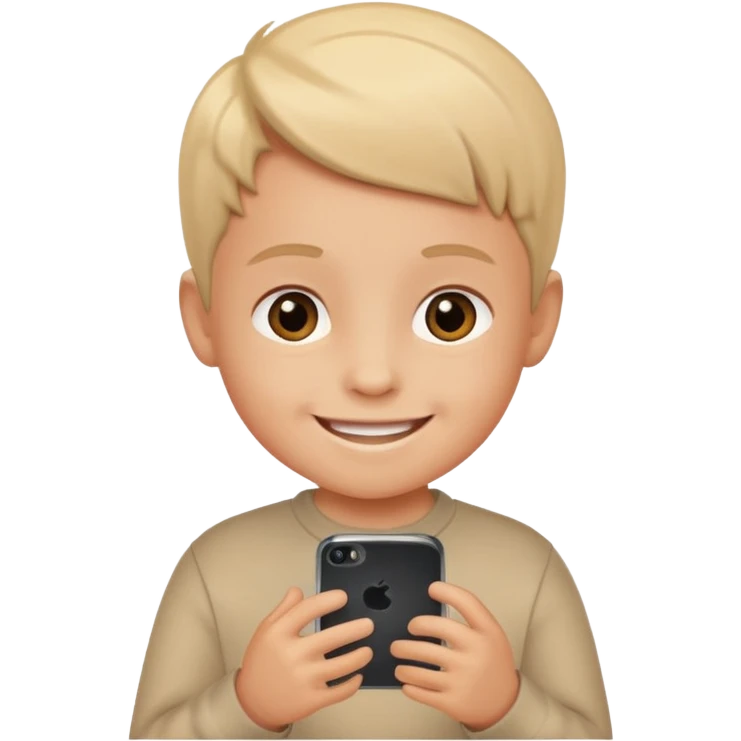 child smiling and looking at a phone emoji