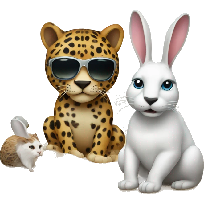 Jaguar on a beach with a pet white rabbit emoji