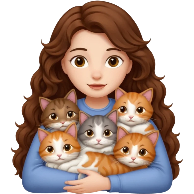 girl with long wavy brown hair snuggling 6 cats emoji