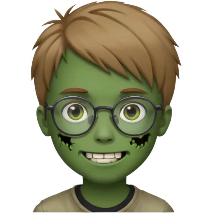 boy zombie with light brown emo hair and green skin and glasses and corner smile emoji