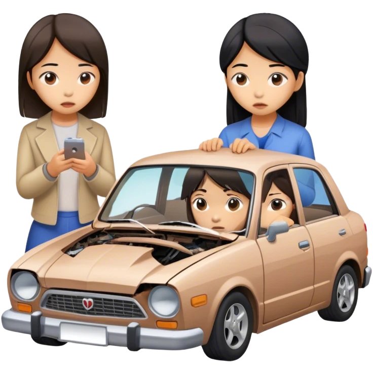 two asian girl friends broken car emoji