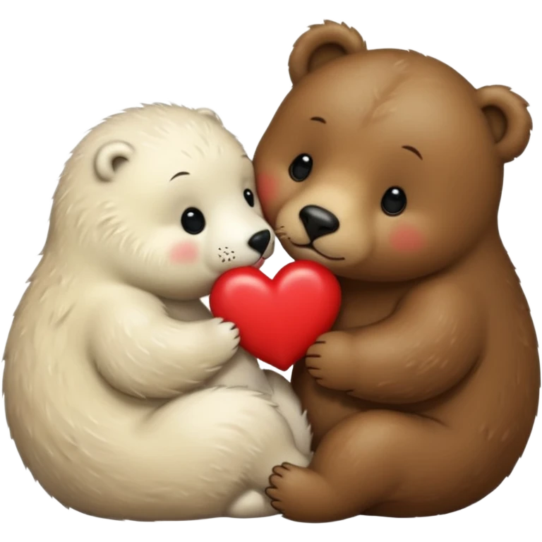 tiny white seal kissing a big brown bear with a heart between them emoji