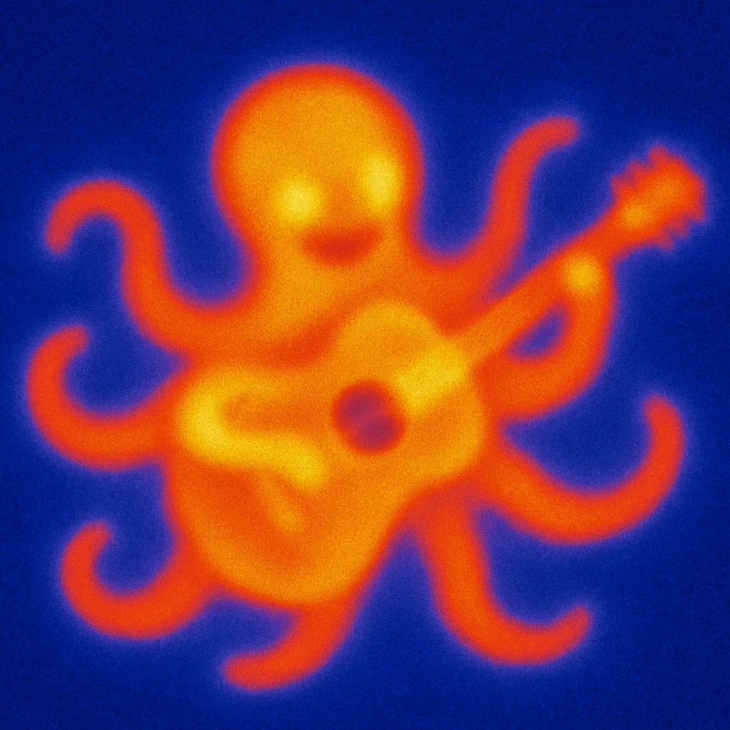 happy octopus with multiple arms playing guitar emoji