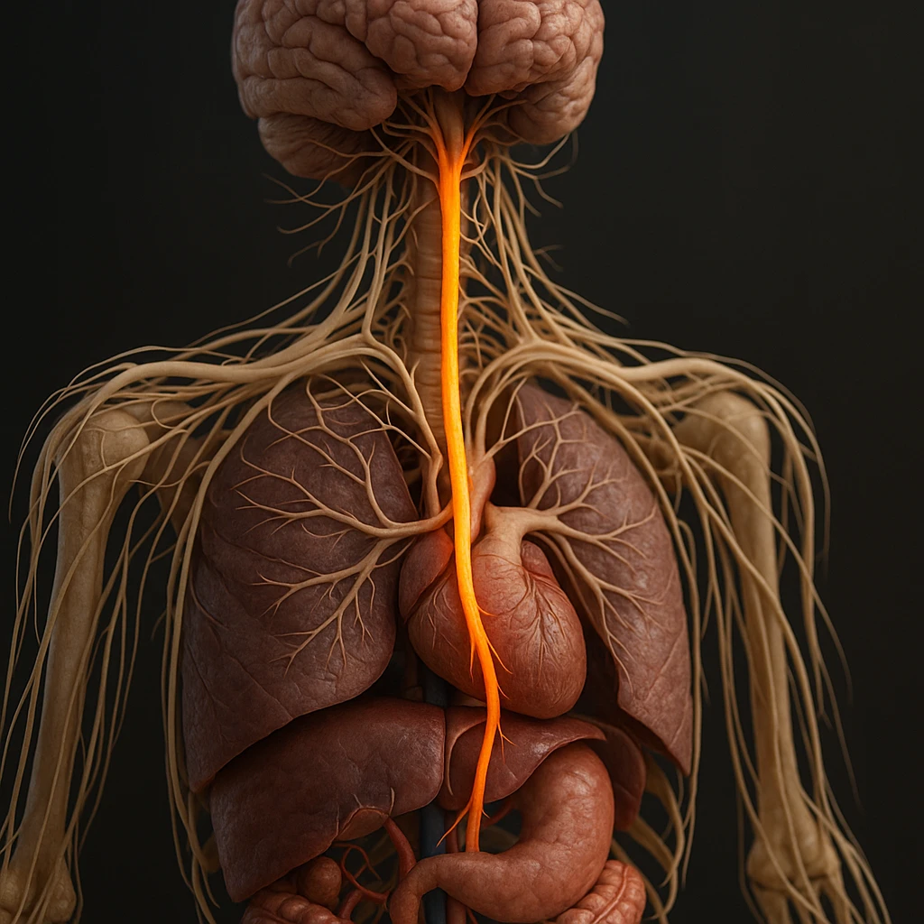 vagus nerve highlighted in the autonomic nervous system, hyper realistic 4K style, anatomical details, realistic colors emoji
