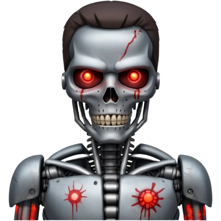 Terminator close-up, realistic, red glowing eye, damaged skin revealing endoskeleton, inspired by the 'I'll be back' scene emoji