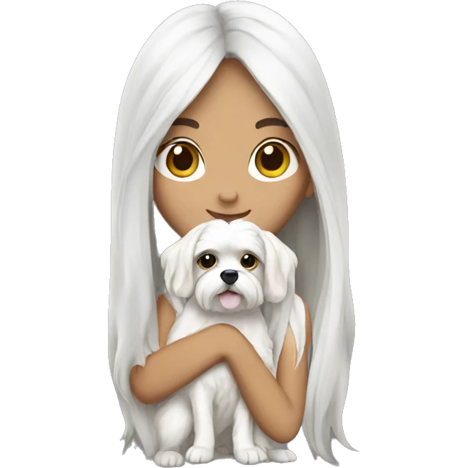 Brunette girl long hair holding a white  Maltese dog emoji